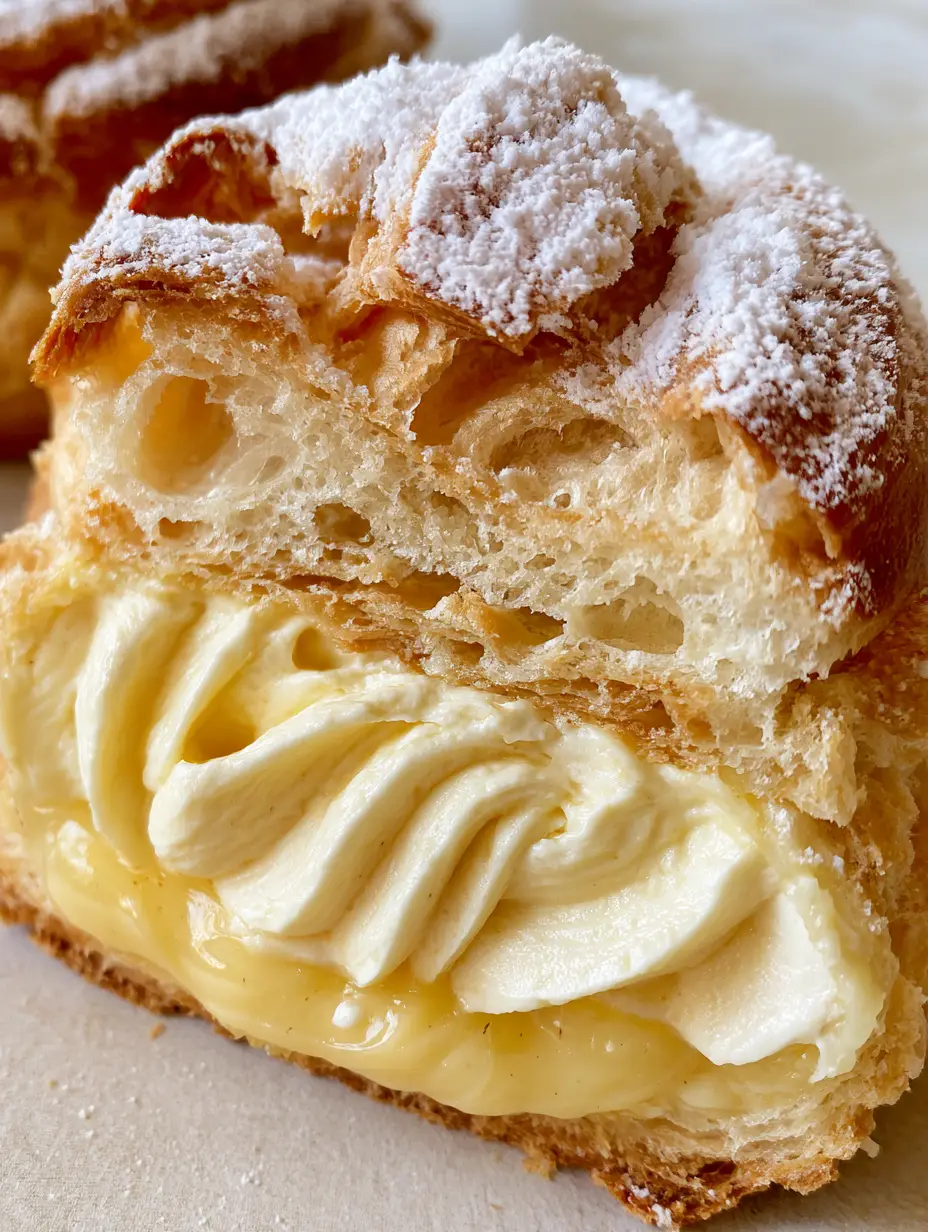 A halved cream puff showcasing intricate layers of vanilla bean custard and chantilly cream inside a crisp shell. (cream puffs)
