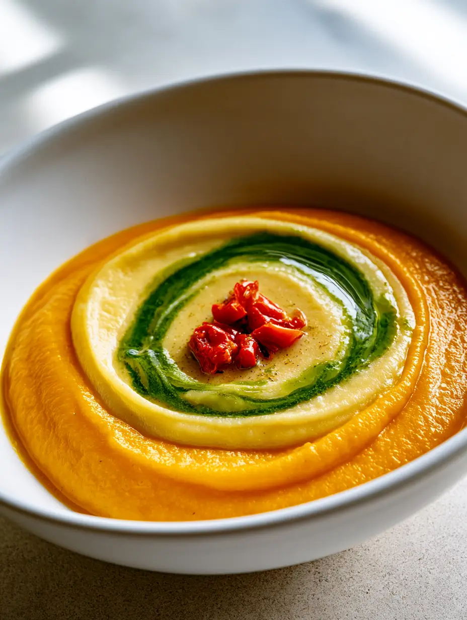 A top-down shot of a shallow white bowl containing a layered butternut squash and cauliflower puree, garnished with basil oil. (soft foods)