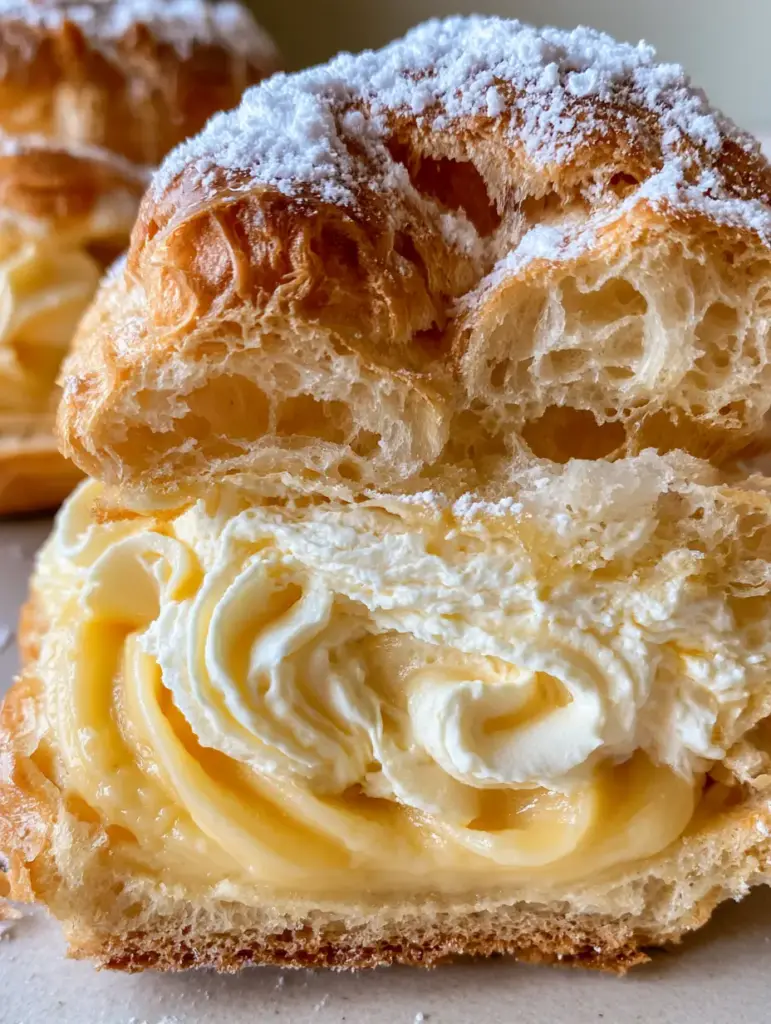 Eye-level close-up of a cream puff with visible airy texture and a crinkled golden surface. (cream puffs)