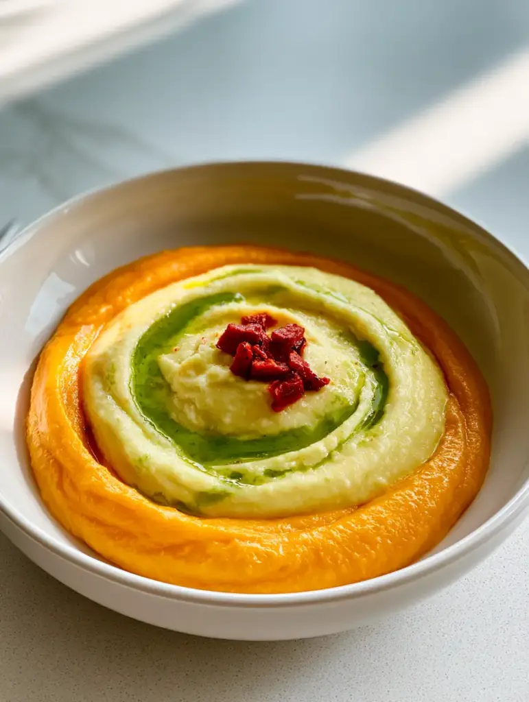Close-up of a bright green basil oil swirl on a silky smooth vegetable puree, a perfect example of gourmet soft foods.