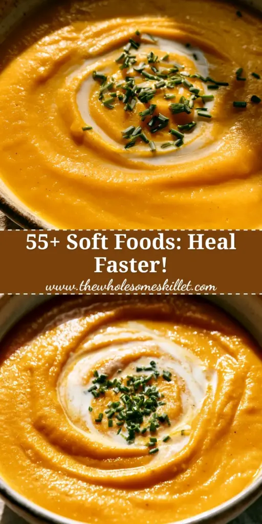 A collage showing various soft foods suitable for recovery, featuring a bowl of creamy butternut squash soup. (soft foods)