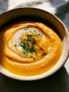 Top-down view of vibrant creamy roasted butternut squash soup in a rustic ceramic bowl with a coconut cream swirl and chives. (soft foods)