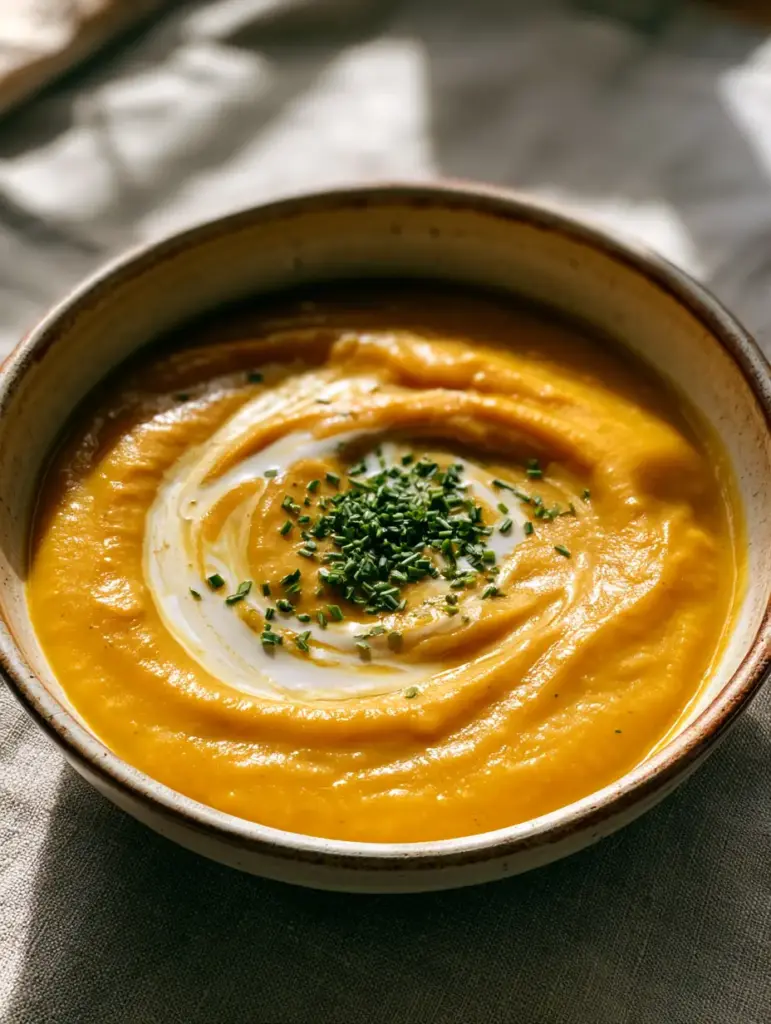 Close-up of roasted butternut squash soup showing the delicate coconut cream swirl and chopped chives on a linen tablecloth. (soft foods)