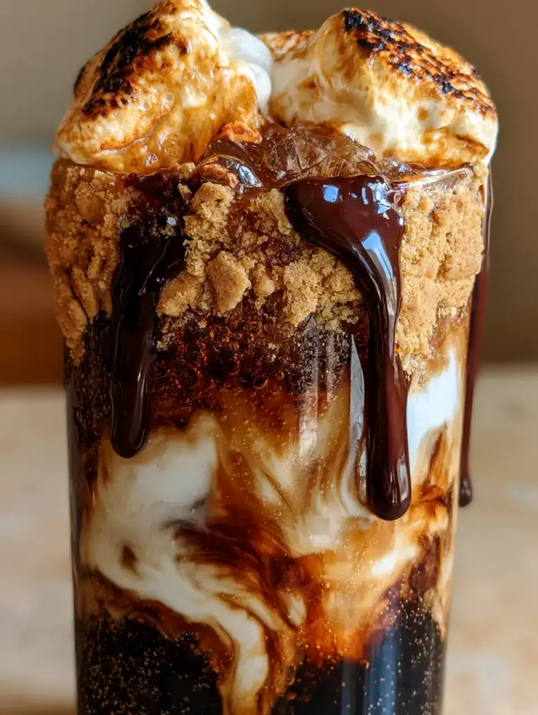 Smores dirty soda on a kitchen counter with focus on the toasted marshmallows topper.