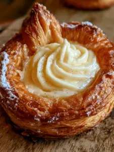 Detailed close-up showing the soaring layers of a golden brown pastry with powdered sugar edges. (cream cheese pastries)
