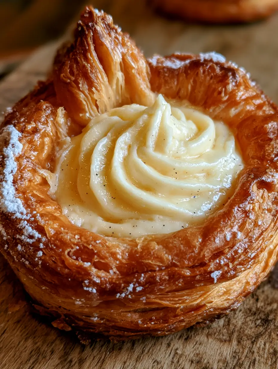 Detailed close-up showing the soaring layers of a golden brown pastry with powdered sugar edges. (cream cheese pastries)