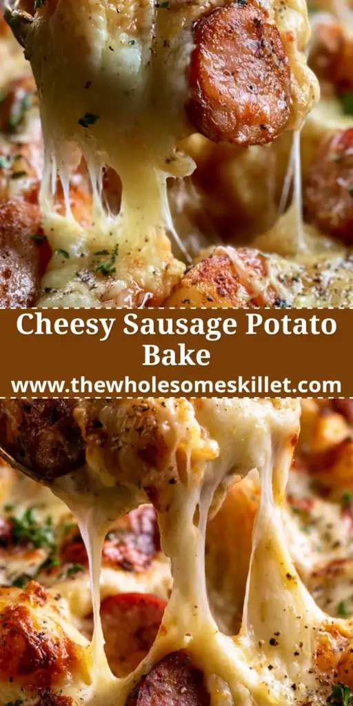 Sausage Potato Bake: The Ultimate Cheesy Comfort Food Casserole 4 A serving spoon lifting a portion of cheesy sausage potato bake with dramatic cheese pulls and bubbly crust.