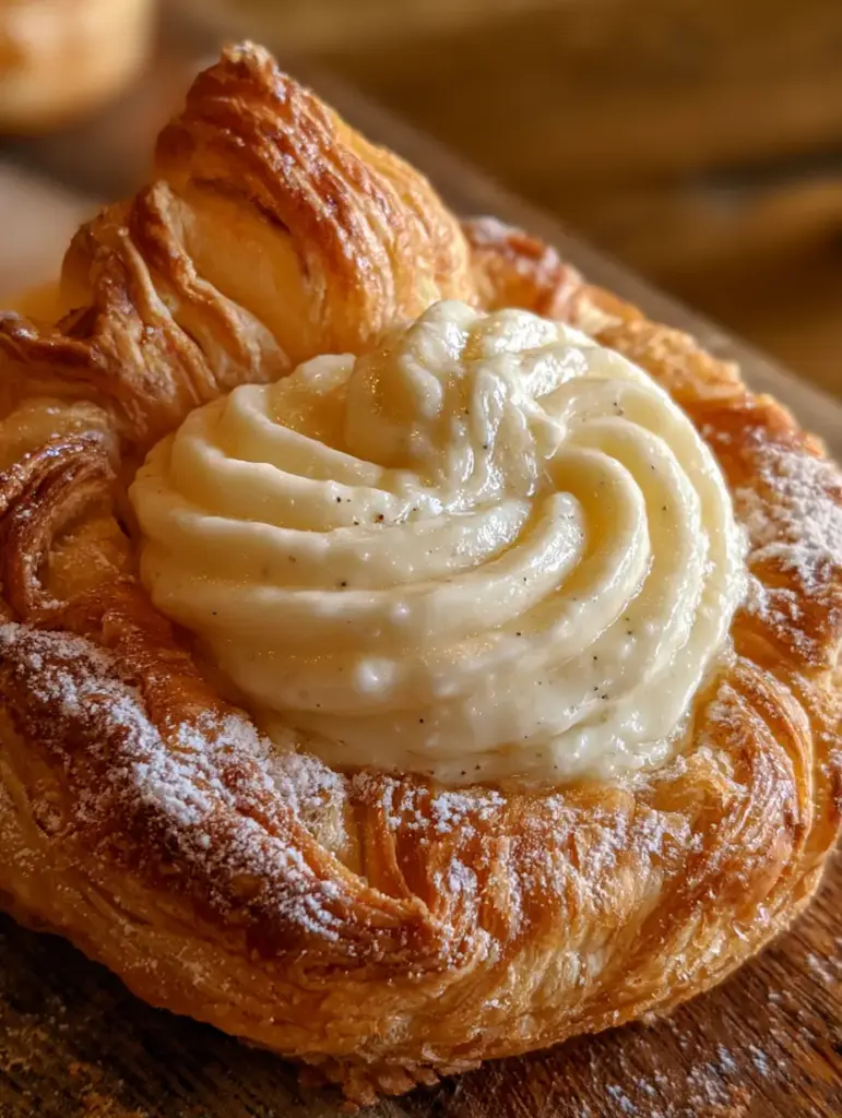 Close-up of a sweet cream cheese filling with visible vanilla bean specks nestled in puff pastry.