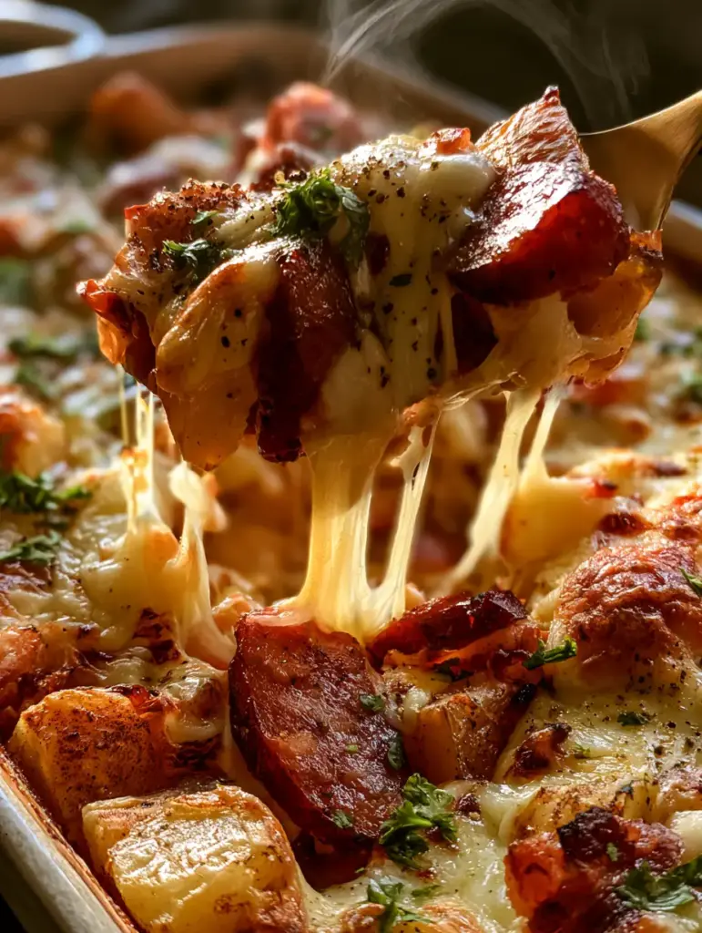 Sausage Potato Bake: The Ultimate Cheesy Comfort Food Casserole 2 Close up shot of golden-brown potato chunks and pan-seared kielbasa in a sausage potato bake.