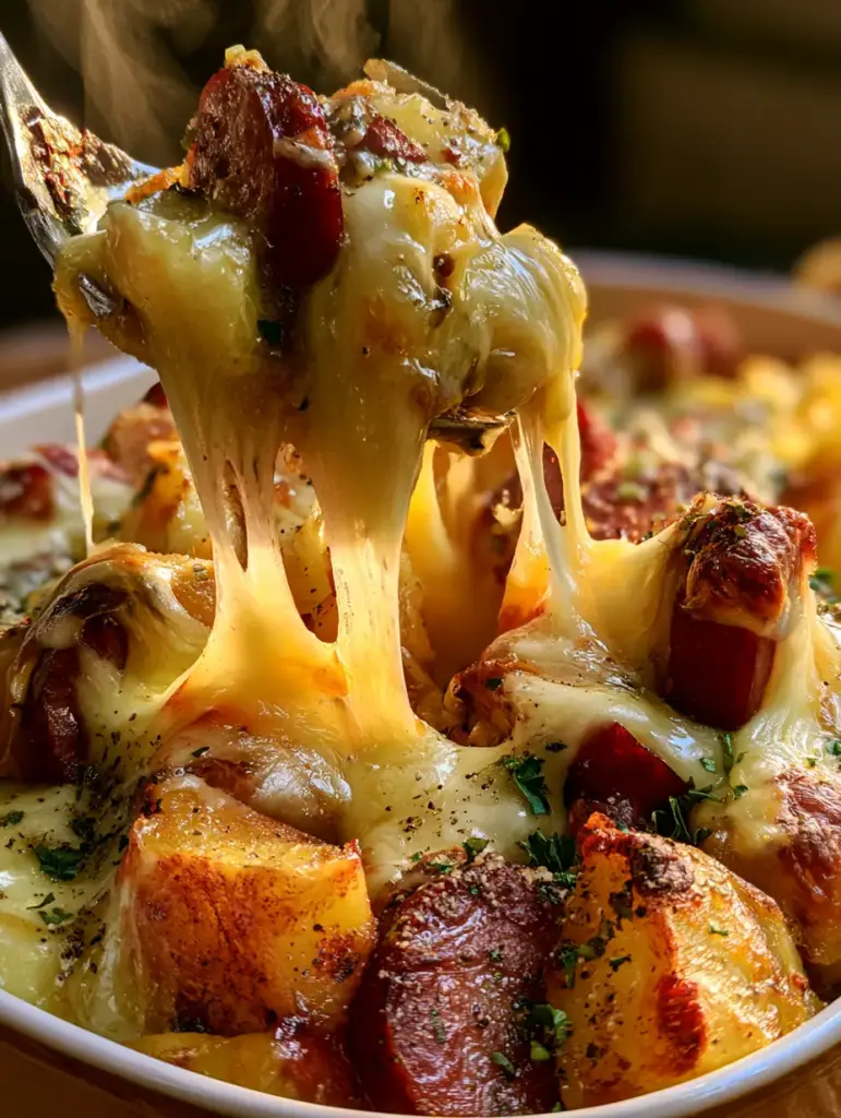 Sausage Potato Bake: The Ultimate Cheesy Comfort Food Casserole 1 A full casserole dish of sausage potato bake garnished with parsley and cracked black pepper.