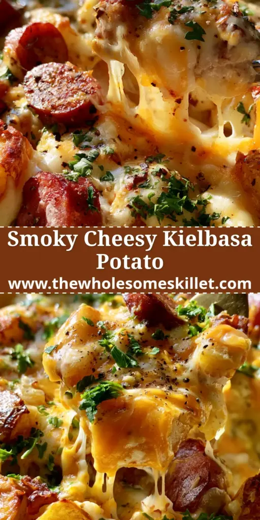 A bubbling, golden-brown kielbasa potato bake in a white ceramic dish with an epic cheese pull and fresh parsley garnish.