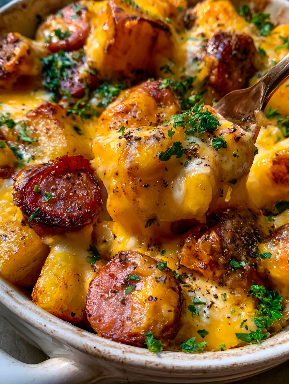 Close up view of roasted potatoes and kielbasa slices covered in bubbling cheddar and mozzarella cheese sauce. (kielbasa potato bake)