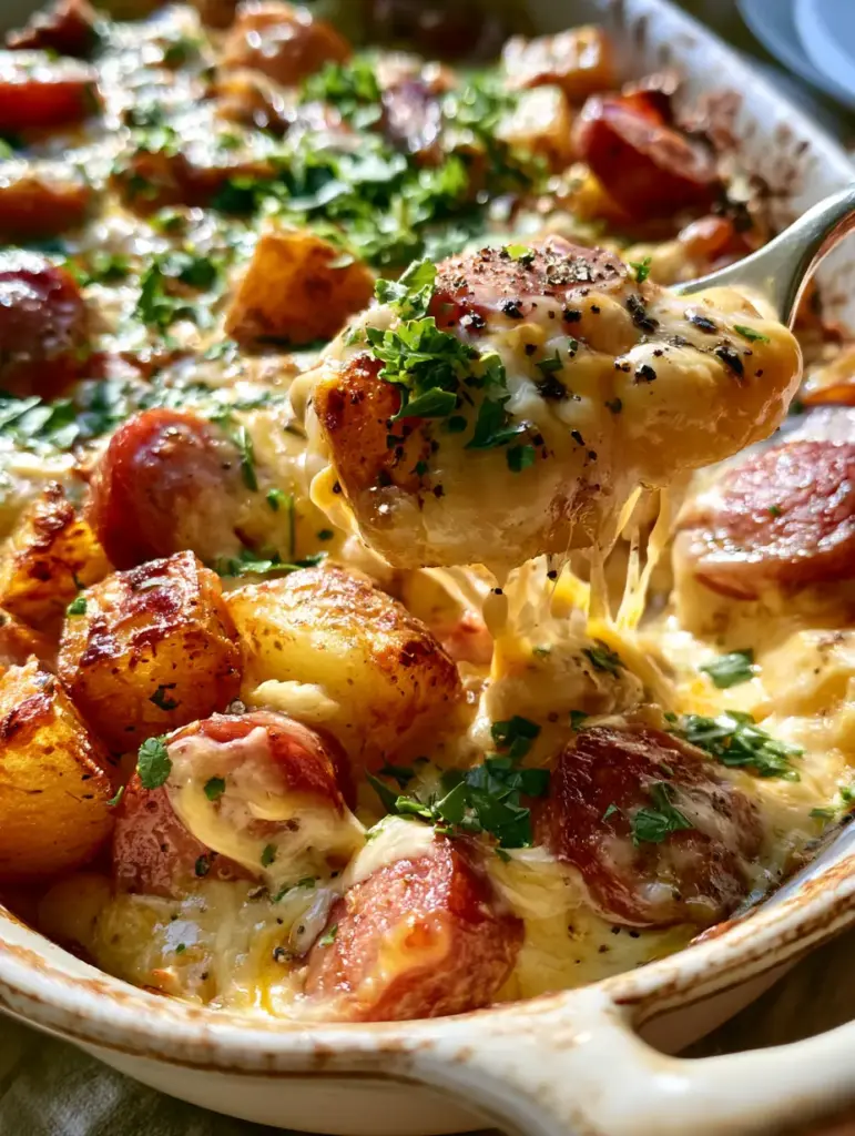A fork lifting a mouthful of kielbasa potato bake showing a stretchy cheese pull and coarse black pepper.