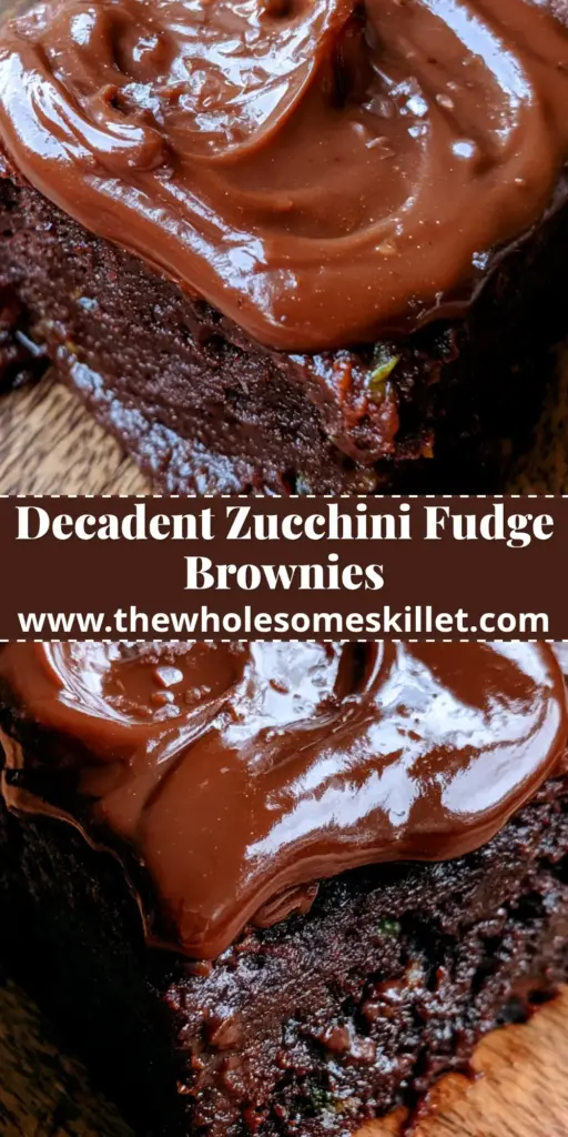 A close-up of a stack of zucchini fudge brownies with glossy ganache and sea salt on a rustic wooden board.