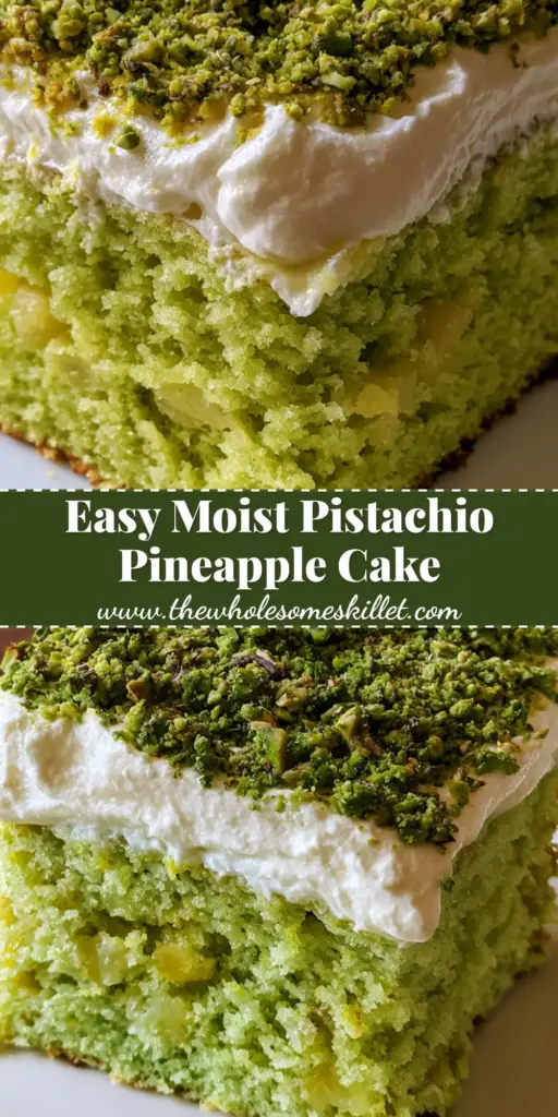Pistachio Pineapple Sheet Cake with Fluffy Whipped Cream Frosting 4 A tall square slice of pistachio pineapple sheet cake on a white plate, showing the moist light green crumb and yellow pineapple bits topped with whipped cream and crushed pistachios.