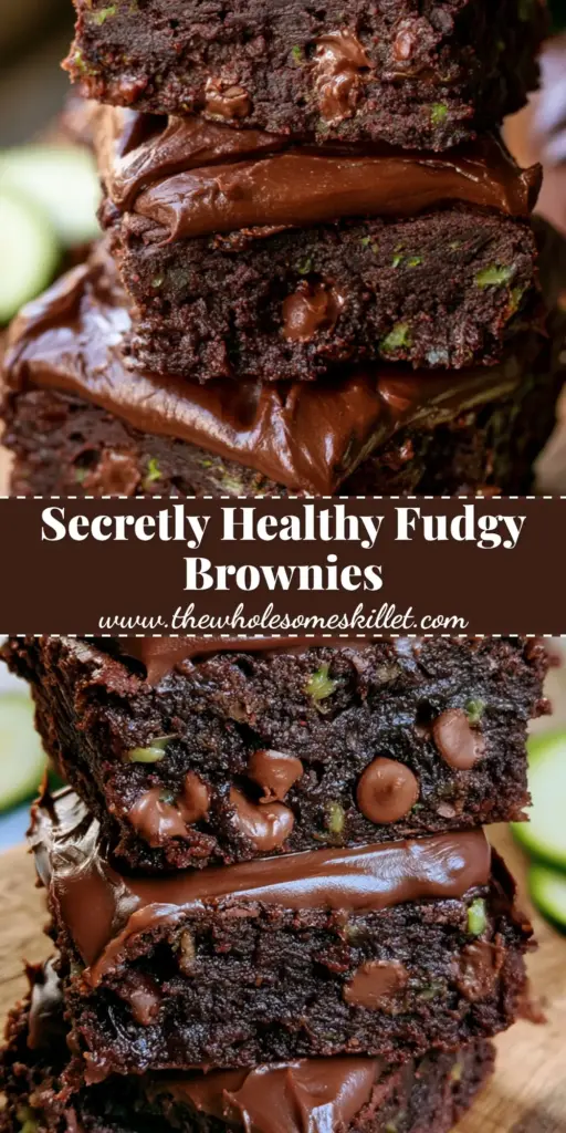 A stack of three zucchini chocolate brownies with thick glistening frosting and green specks inside.