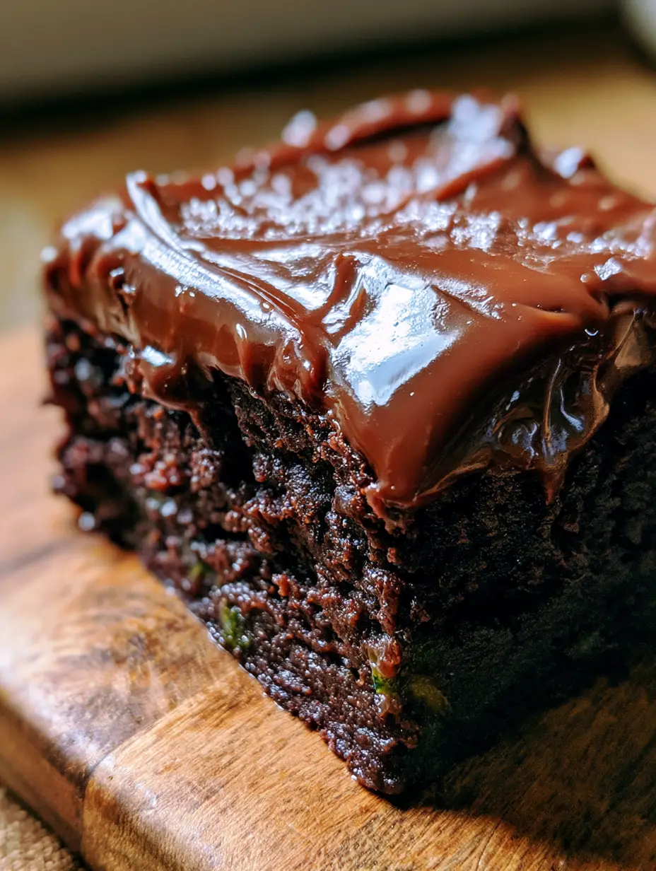 Overhead view of a perfectly square zucchini fudge brownie square showing moist interior and glossy topping. (zucchini fudge brownies)