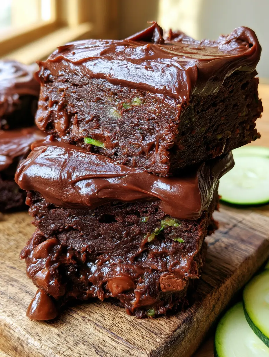 Top-down view of fudgy zucchini chocolate brownies on a wooden board with glistening frosting.