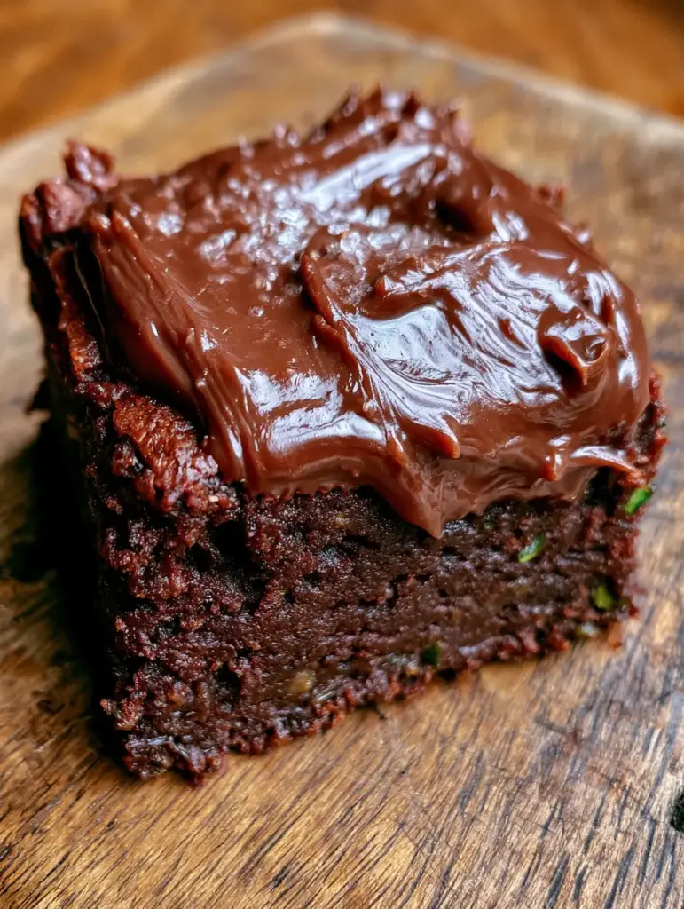 A close-up of the glossy chocolate ganache with sea salt crystals on zucchini fudge brownies.