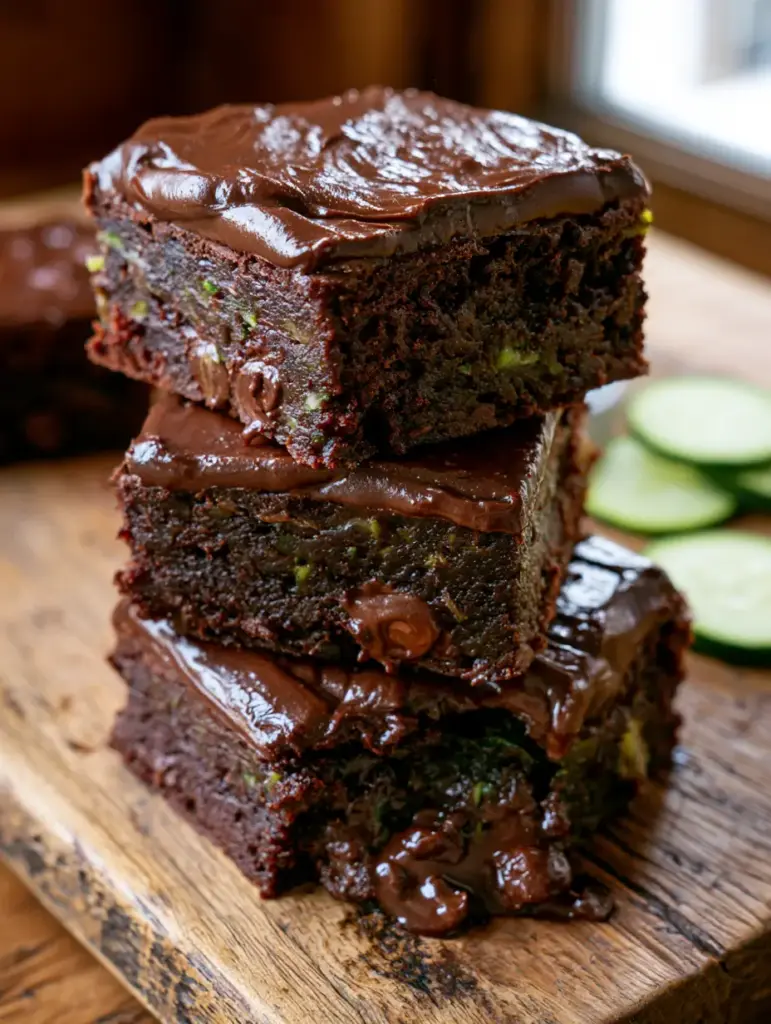 Close up cross-section of a zucchini chocolate brownie showing melted chips and zucchini specks.