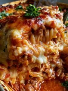 A close-up cross-section of a beef noodle bake showing layers of fusilli pasta, ground beef sauce, and stretchy melted cheese.