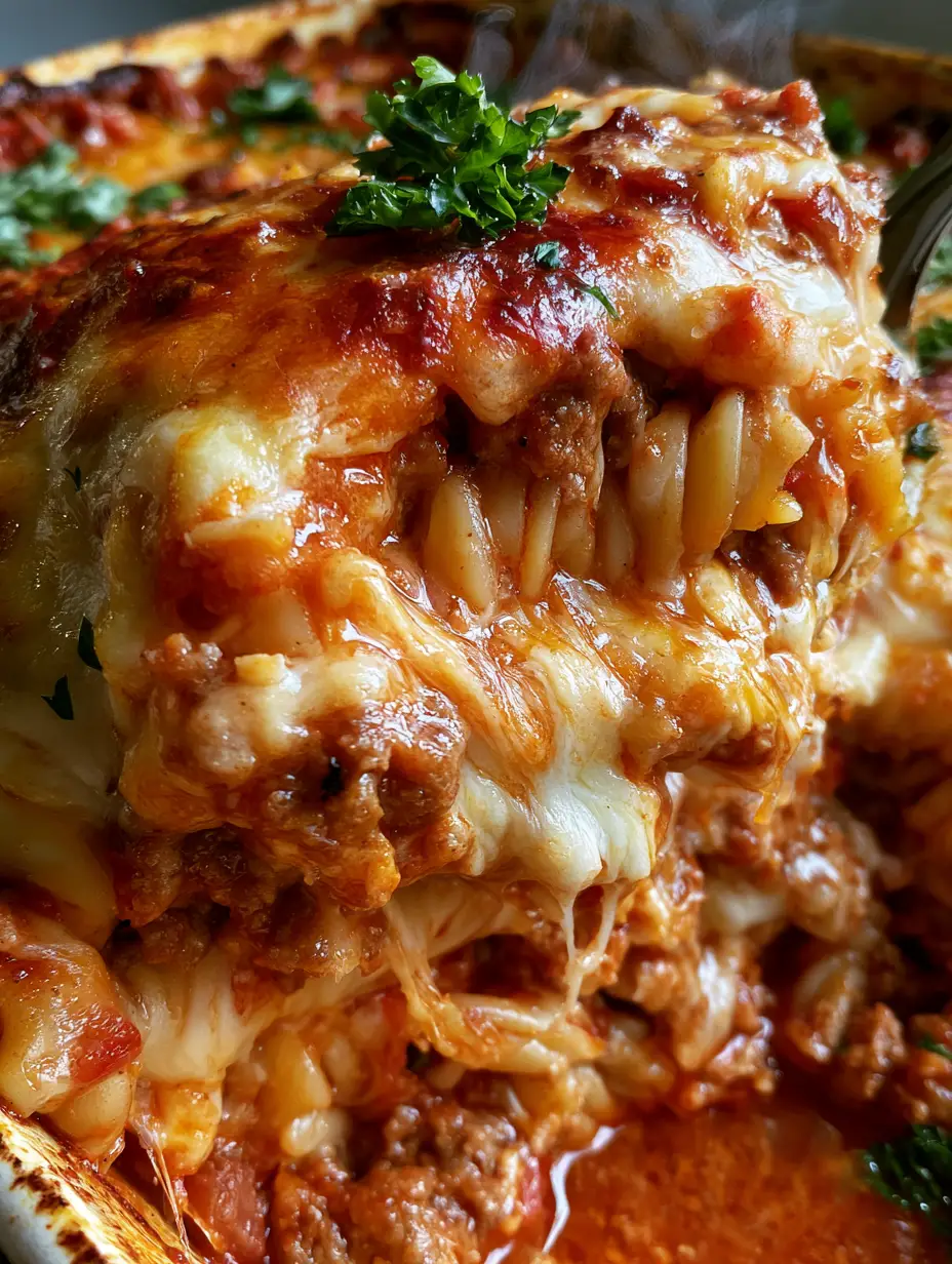 Beef Noodle Bake: The Ultimate Cheesy Ground Beef Casserole 3 A close-up cross-section of a beef noodle bake showing layers of fusilli pasta, ground beef sauce, and stretchy melted cheese.