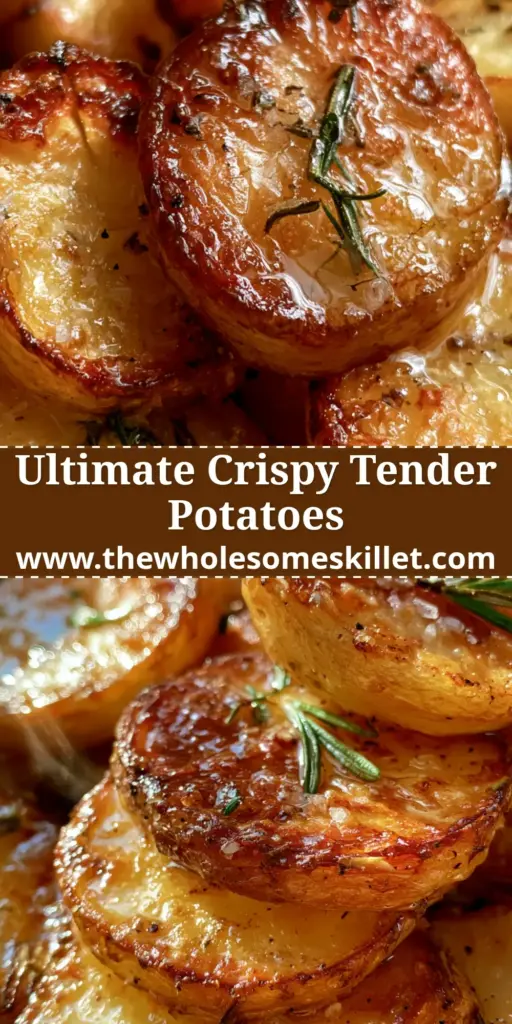 A close-up vertical shot of golden brown roasted potatoes stacked in a rustic dish, showing crispy edges and a melted butter sheen with fresh rosemary.