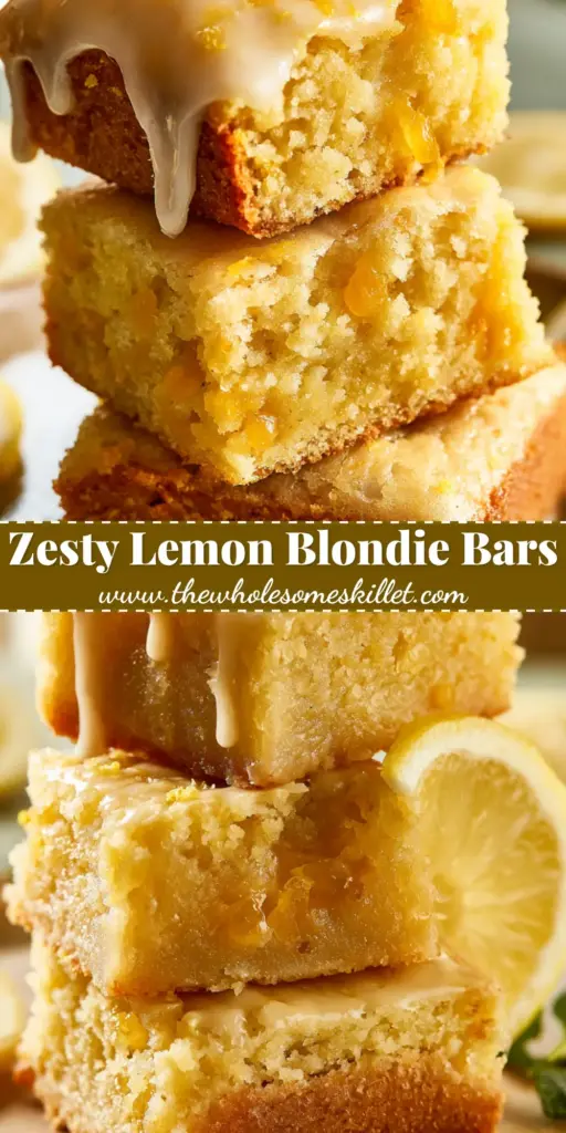 Lemon Bars with a Golden Blondie Base and Candied Lemon Zest 4 A stack of thick lemon bars with golden blondie bases and a thick white glaze dripping down the sides, garnished with fresh mint.