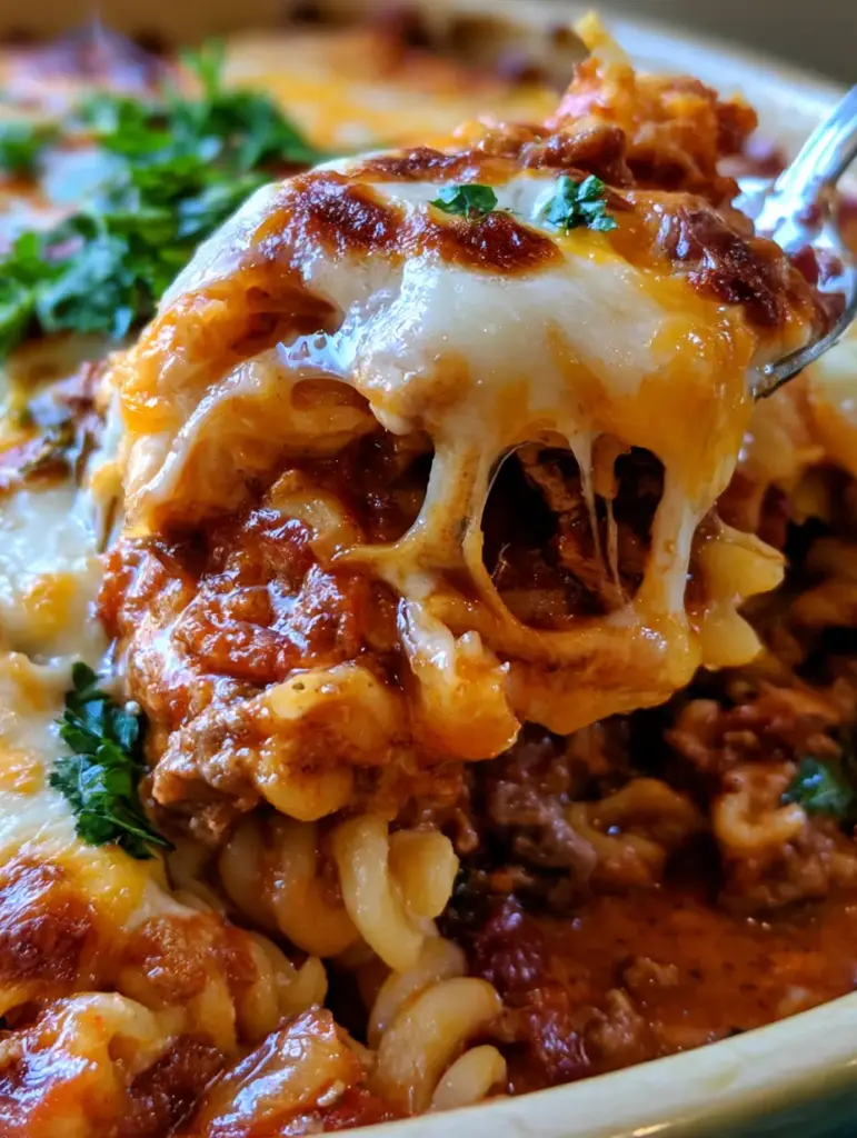 Beef Noodle Bake: The Ultimate Cheesy Ground Beef Casserole 1 Steaming spoonful of beef noodle bake lifted from a casserole dish showcasing gooey mozzarella cheese pull.