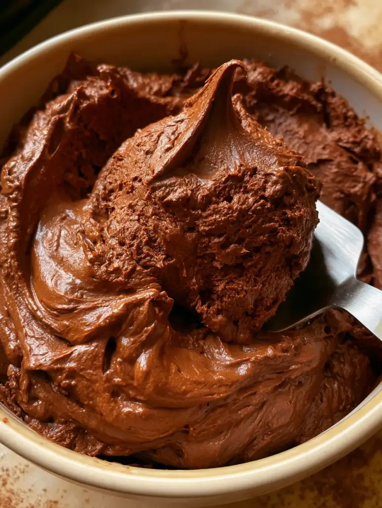 Luxurious velvet swirls of chocolate whipped frosting in a white bowl on a marble surface.