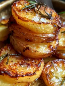 Smartphone photograph of roasted potatoes with caramelized edges and fresh rosemary sprigs on rustic stoneware.