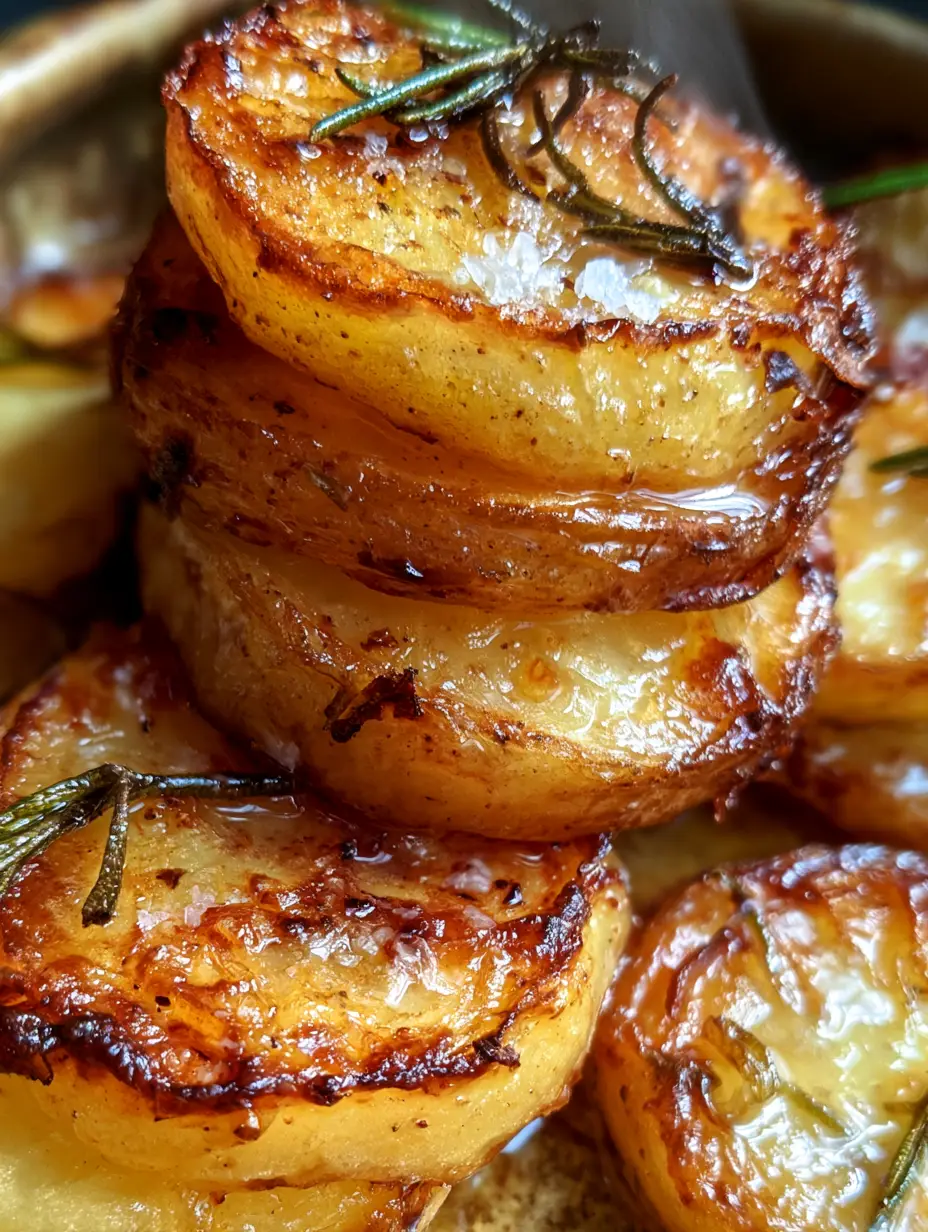 Smartphone photograph of roasted potatoes with caramelized edges and fresh rosemary sprigs on rustic stoneware.