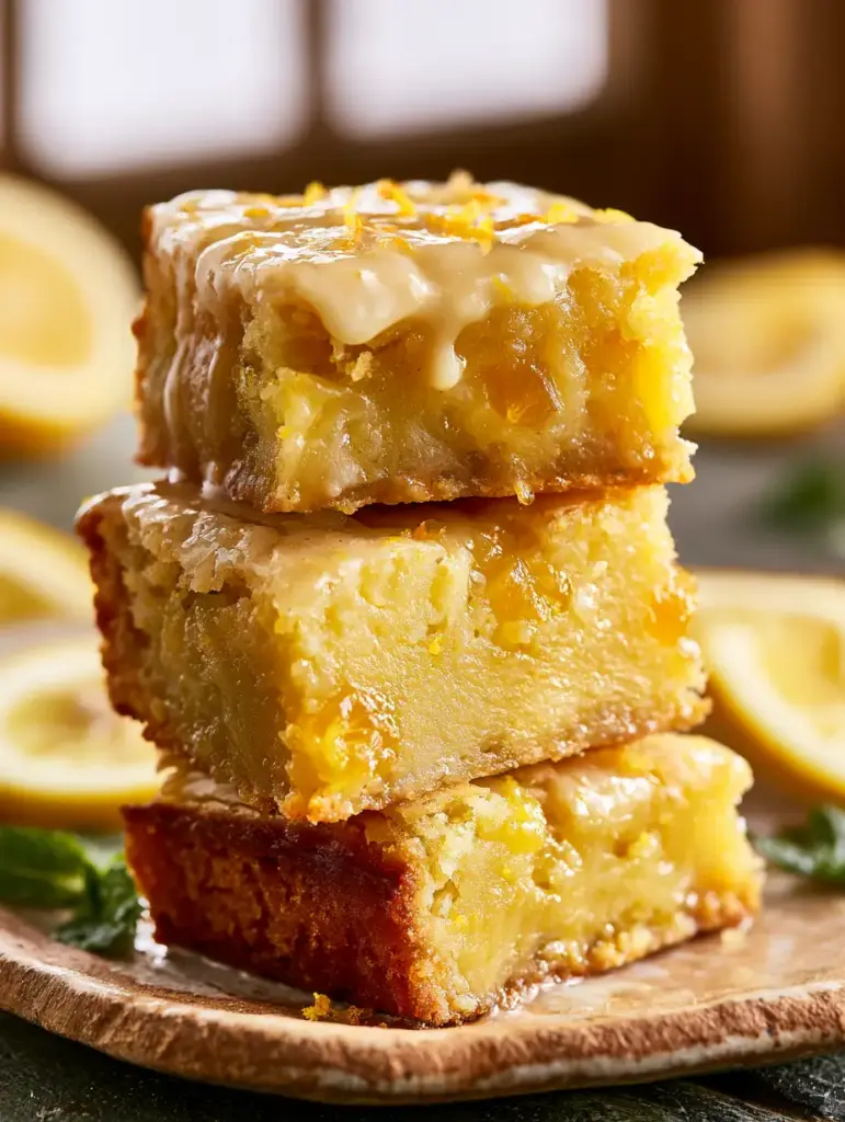 Lemon Bars with a Golden Blondie Base and Candied Lemon Zest 2 Close-up of lemon bars showing a moist yellow interior and a crumbly golden-brown crust on a ceramic plate.