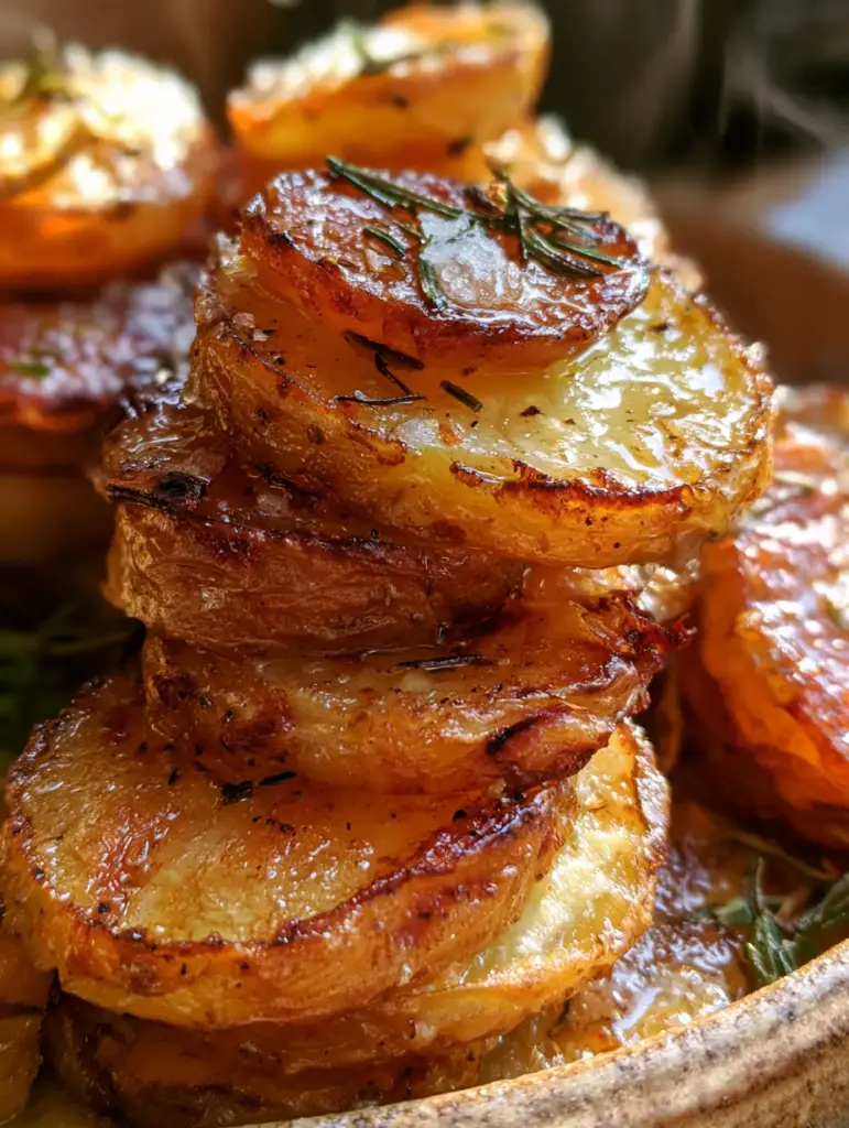 Close-up of fluffy interiors and crispy exteriors of roasted potatoes coated in melted butter.