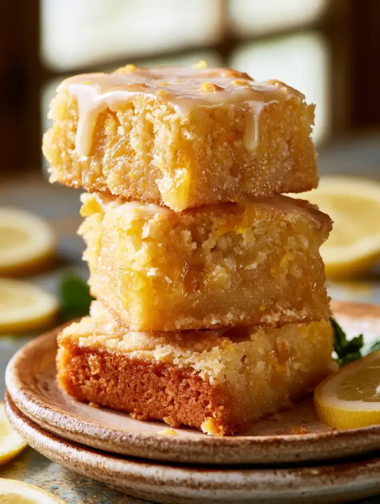 Lemon Bars with a Golden Blondie Base and Candied Lemon Zest 1 Stacked lemon bars with glossy white glaze dripping down the sides and fresh lemon slices in the background.