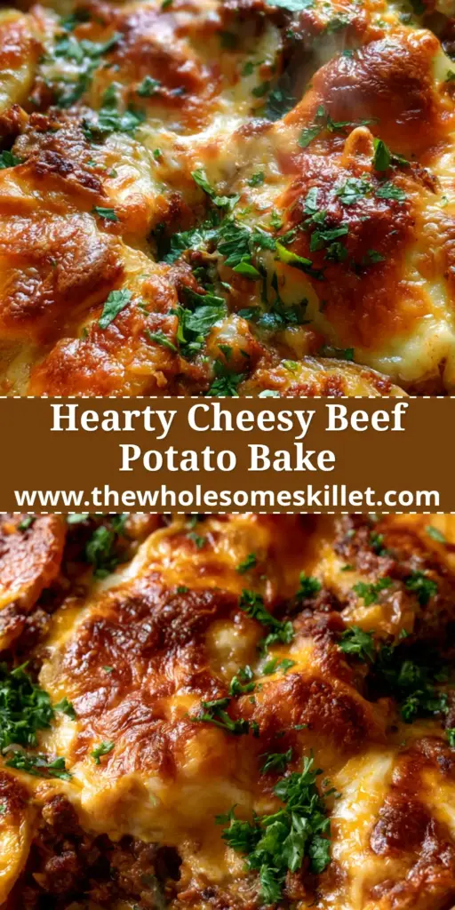 Overhead shot of a bubbling beef potato bake in a rustic white ceramic dish, featuring golden-brown melted cheddar and fresh parsley garnish.