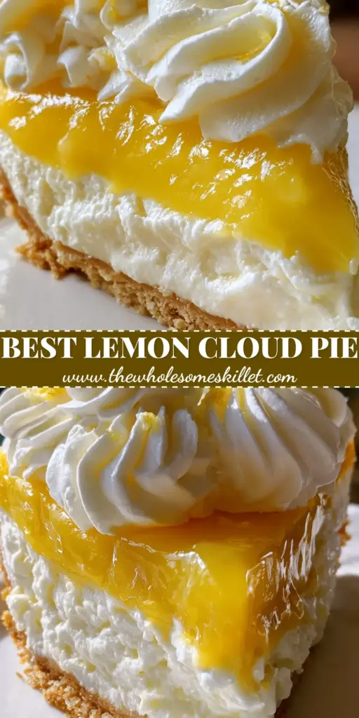 A luxurious slice of lemon cloud pie with visible layers of golden crust, white mousse, and glossy yellow curd on a white plate.