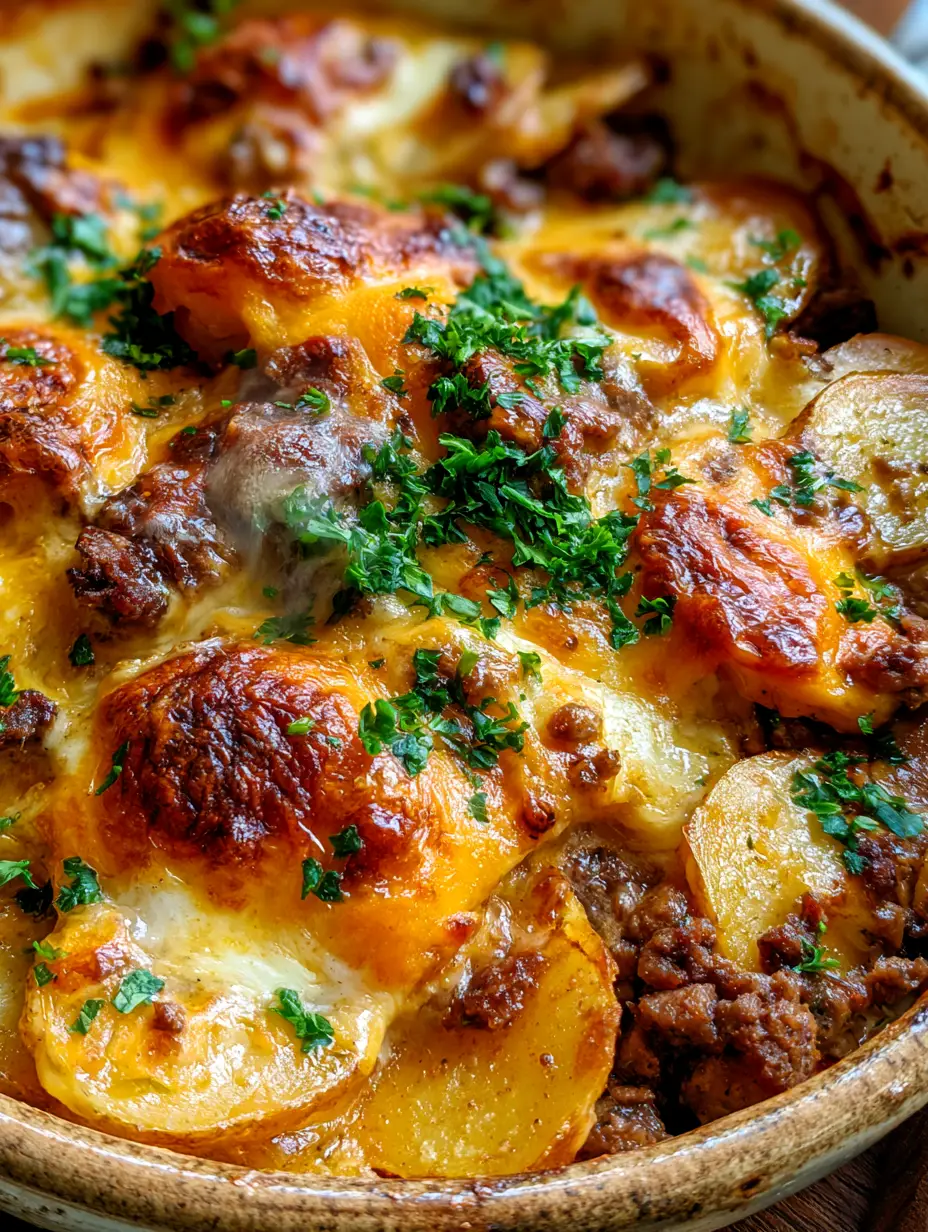 Close-up of the caramelized cheese crust and steam rising from a freshly baked beef potato bake.