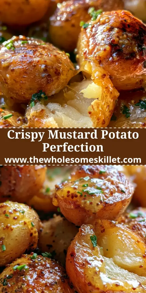 Potato Bites with Glistening Whole-Grain Mustard Glaze and Crispy Roasted Skin 4 Close-up of golden-brown roasted baby potato bites coated in glistening whole-grain mustard glaze and fresh herbs.
