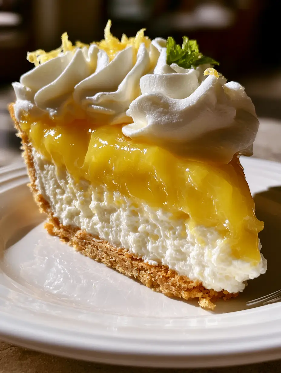 Close-up of lemon cloud pie featuring piped whipped cream and vibrant yellow lemon curd under natural light.