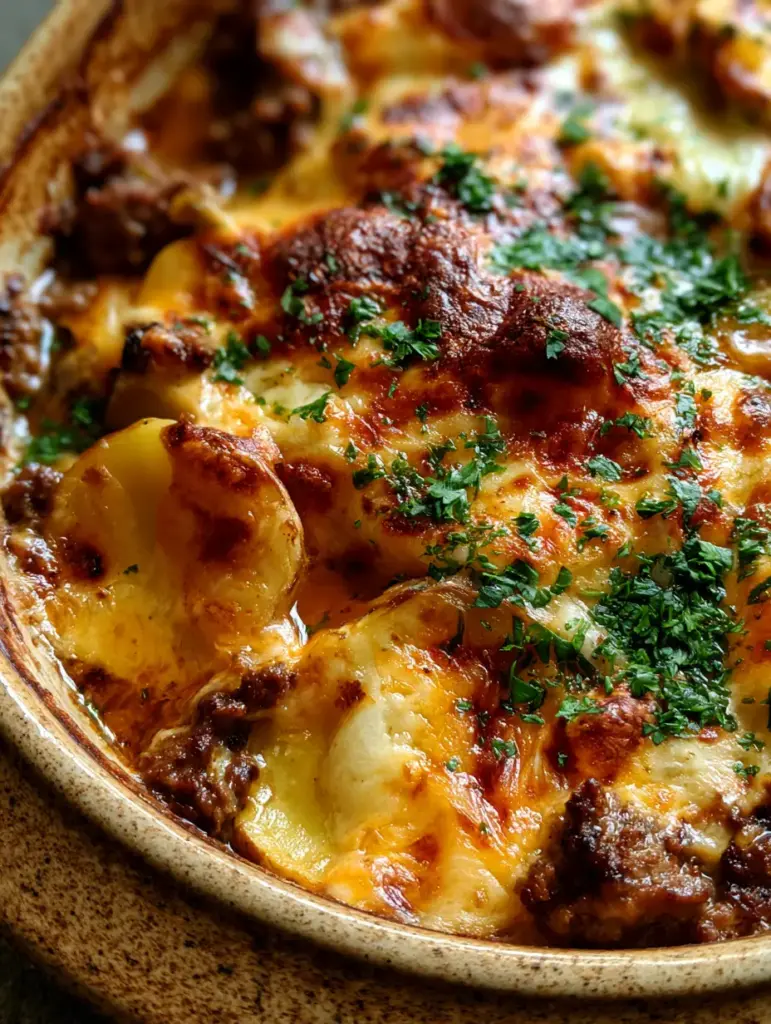 A handheld smartphone photo showing the rustic layers of thinly sliced potatoes and seasoned beef in a beef potato bake.