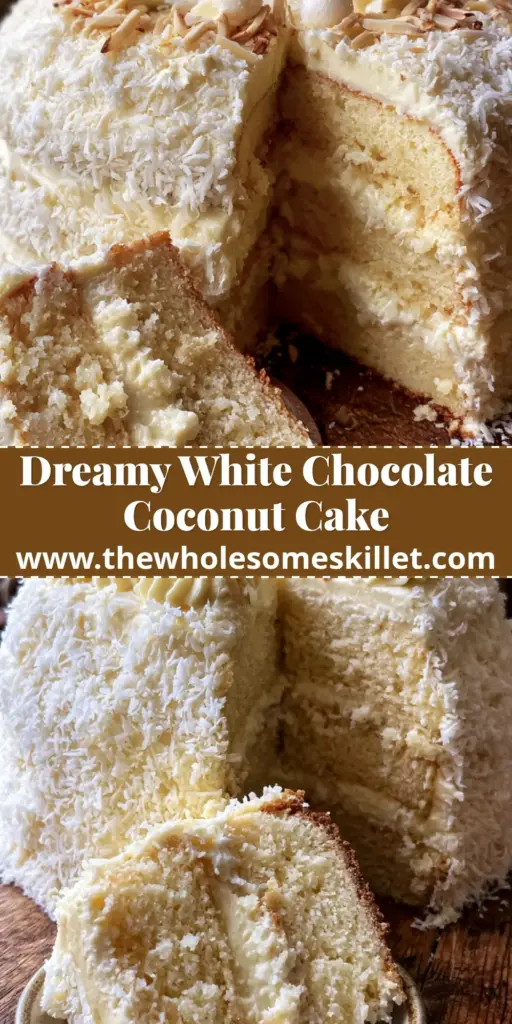 A tall white chocolate coconut cake with piped whipped cream stars and Raffaello truffles on a rustic table. (white chocolate coconut cake)