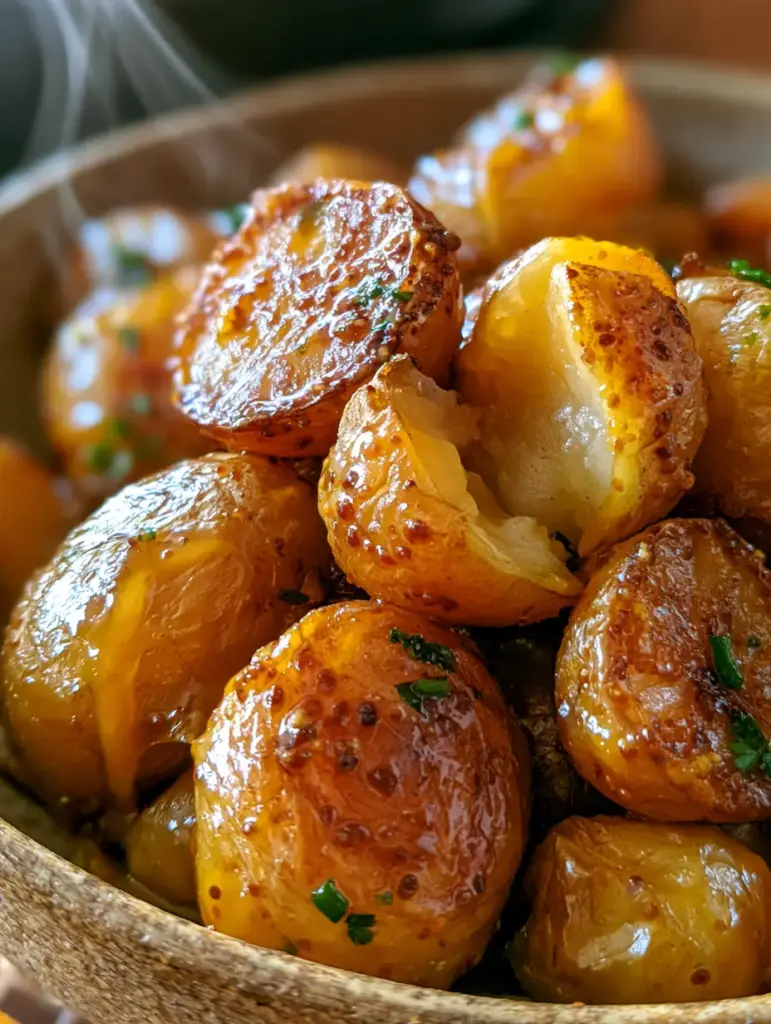 Potato Bites with Glistening Whole-Grain Mustard Glaze and Crispy Roasted Skin 2 Hyperrealistic smartphone photo of potato bites in a rustic bowl with visible steam and mustard seeds.
