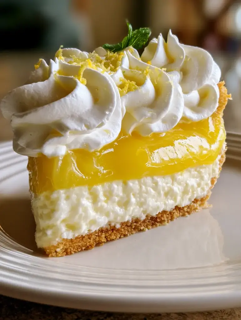 A side view of a lemon cloud pie slice showing the thick mousse layer and crumbly graham cracker crust.