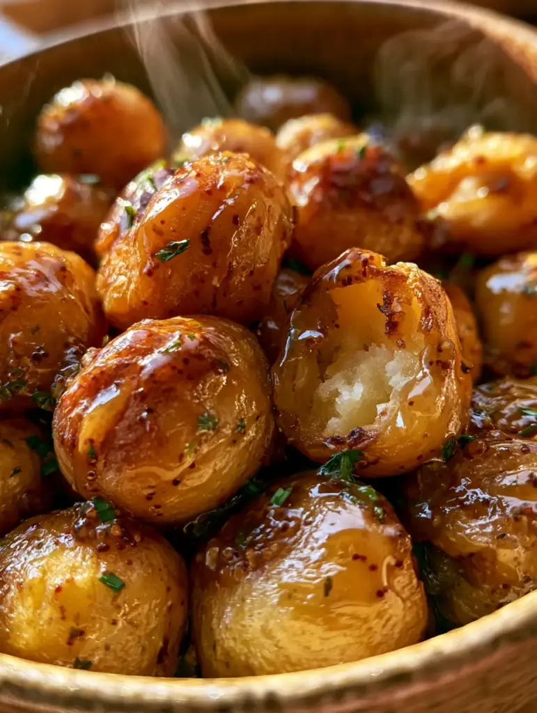 Potato Bites with Glistening Whole-Grain Mustard Glaze and Crispy Roasted Skin 1 A broken open potato bite showing the fluffy steamy interior and charred skin.