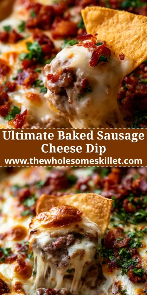 A close-up shot of a bubbly, golden-brown sausage cheese dip topped with crispy bacon and parsley, with a tortilla chip scooping a creamy portion.