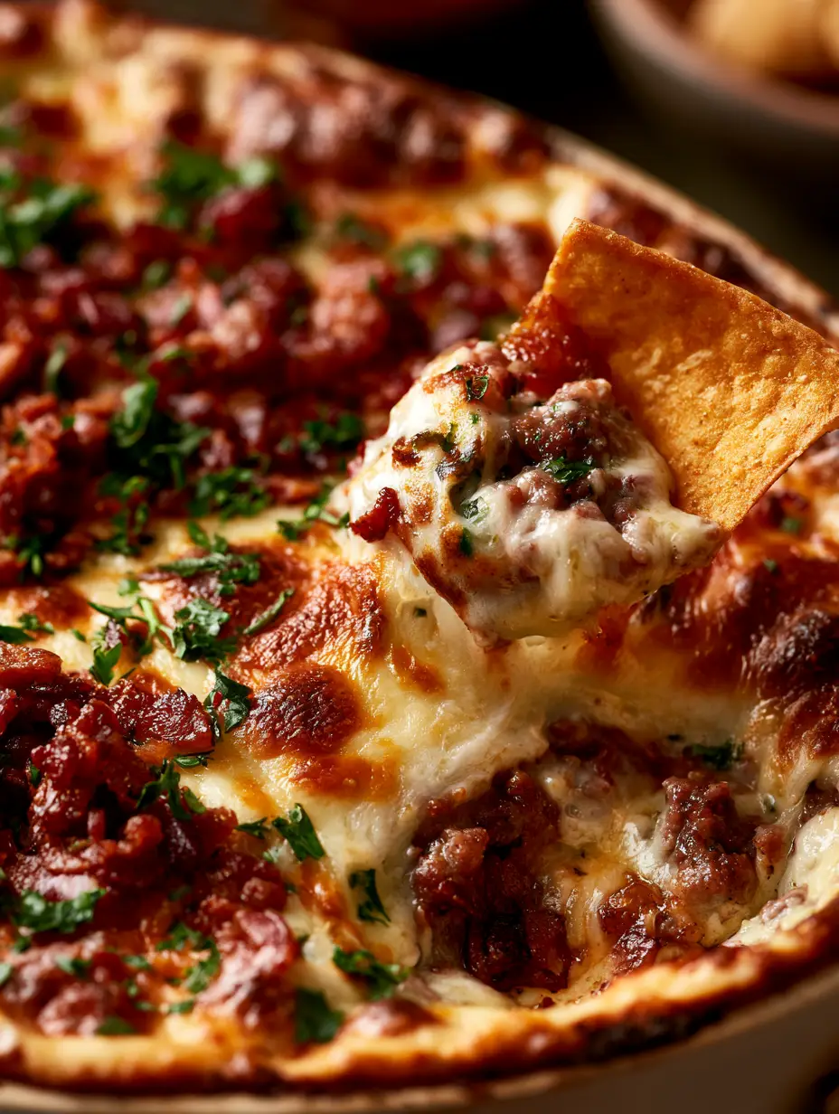 Top-down view of a warm sausage cheese dip featuring caramelized edges and vibrant green parsley garnish.