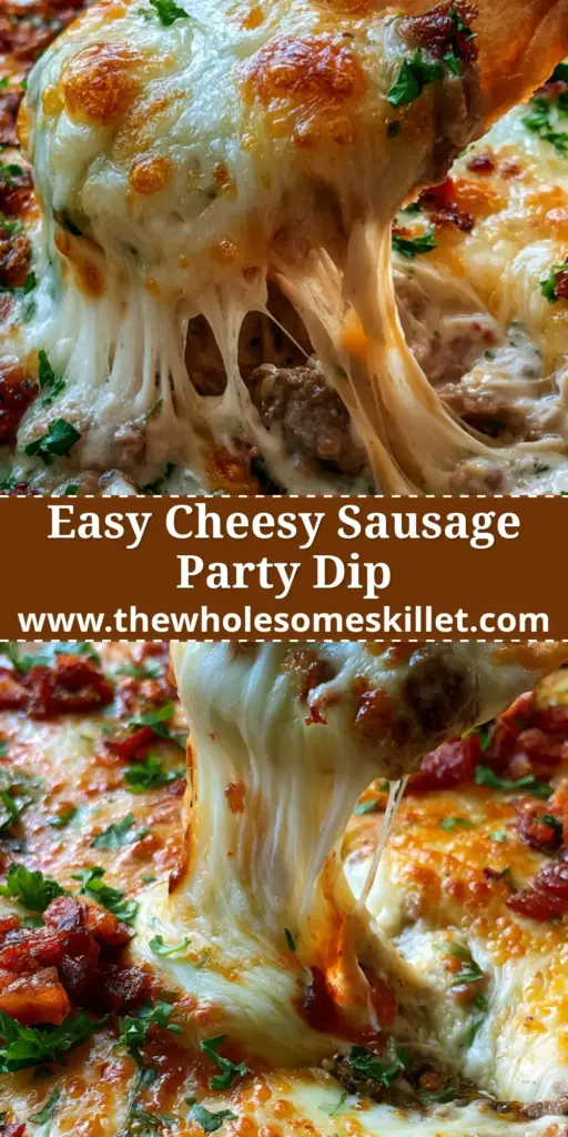 Sausage Dip with Melty Cheddar, Mozzarella, and Crispy Bacon 4 A bubbling golden-brown sausage dip in a ceramic dish with a pita chip pulling stringy cheese.
