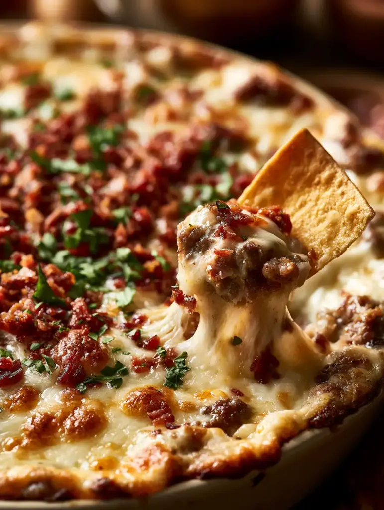 Detailed close-up of stretchy melted cheese and crispy bacon crumbles on a sausage cheese dip.