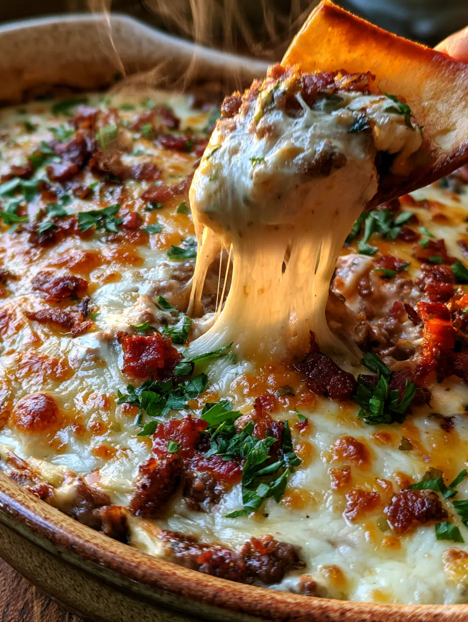 Sausage Dip with Melty Cheddar, Mozzarella, and Crispy Bacon 3 Close-up of bubbling melted cheese and sausage dip with fresh parsley and bacon bits.